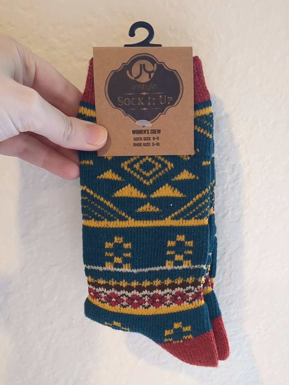 Patterned Crew Socks - Teal & Mustard
